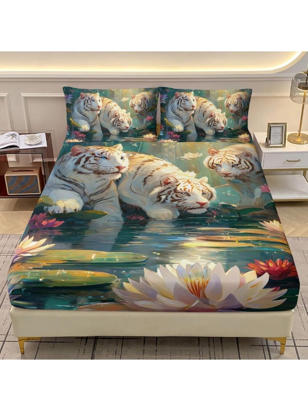 Cute Tiger & Pink Lotus Twin XL Fitted Sheet Set, 3-Piece Kids Bedding, Floral